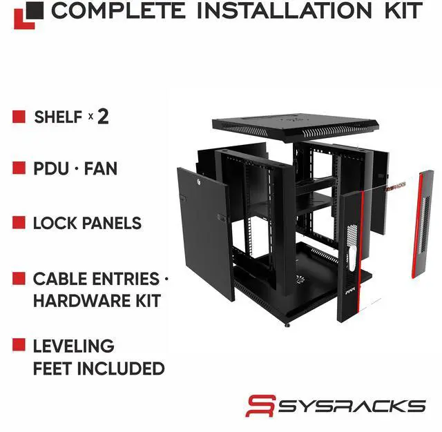 Alt view image 3 of 7 - Sysracks 15U Wall Mount Server Rack Cabinet, 18-Inch Deep, for 19-Inch Equipment, Glass Door, PDU and Shelves