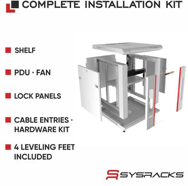 Alt view image 3 of 7 - Sysracks 15U Wall Mount Server Rack Cabinet, 24-Inch Deep, for 19-Inch Equipment, Glass Door, PDU and Shelves, Gray