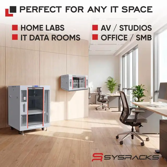 Alt view image 7 of 7 - Sysracks 22U Floor Standing Server Rack Cabinet, 35-Inch Deep, for 19-Inch Rackmount Equipment, Glass Doors, Thermostat and Cooling Fans