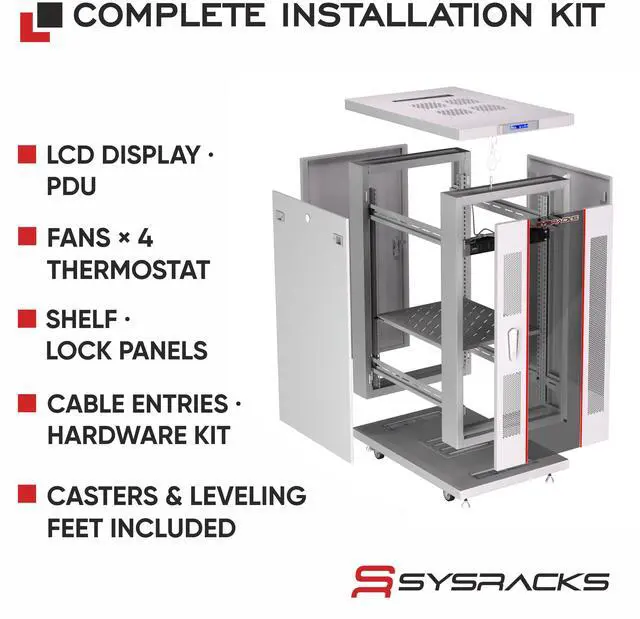 Alt view image 3 of 7 - Sysracks 22U Floor Standing Server Rack Cabinet, 35-Inch Deep, for 19-Inch Rackmount Equipment, Glass Doors, Thermostat and Cooling Fans