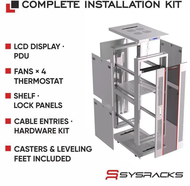 Alt view image 3 of 7 - Sysracks 42U Floor Standing Server Rack Cabinet, 35-Inch Deep, for 19-Inch Rackmount Equipment, Glass Doors, Thermostat and Cooling Fans