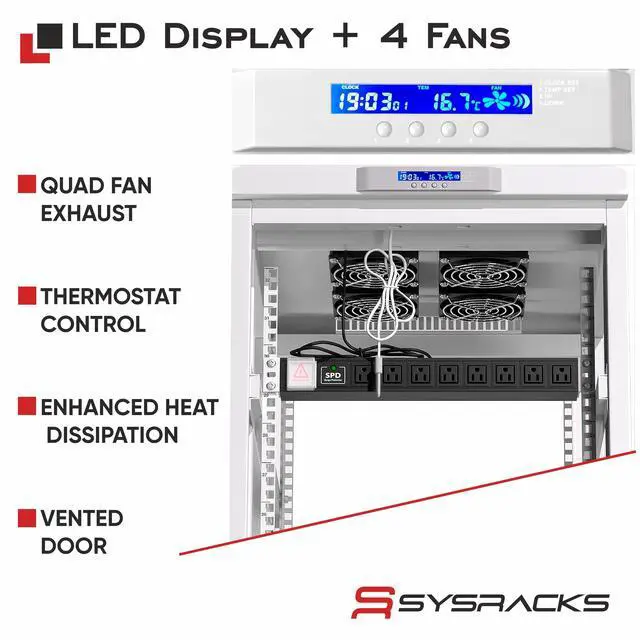 Alt view image 4 of 7 - Sysracks 42U Floor Standing Server Rack Cabinet, 35-Inch Deep, for 19-Inch Rackmount Equipment, Glass Doors, Thermostat and Cooling Fans