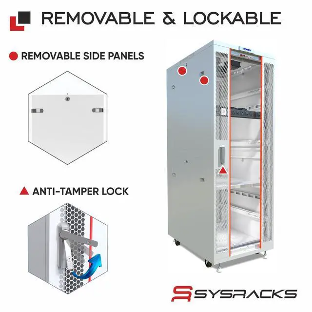Alt view image 5 of 7 - Sysracks 42U Floor Standing Server Rack Cabinet, 35-Inch Deep, for 19-Inch Rackmount Equipment, Glass Doors, Thermostat and Cooling Fans