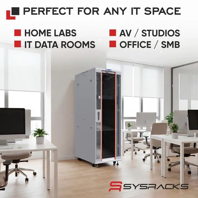 Alt view image 7 of 7 - Sysracks 42U Floor Standing Server Rack Cabinet, 35-Inch Deep, for 19-Inch Rackmount Equipment, Glass Doors, Thermostat and Cooling Fans
