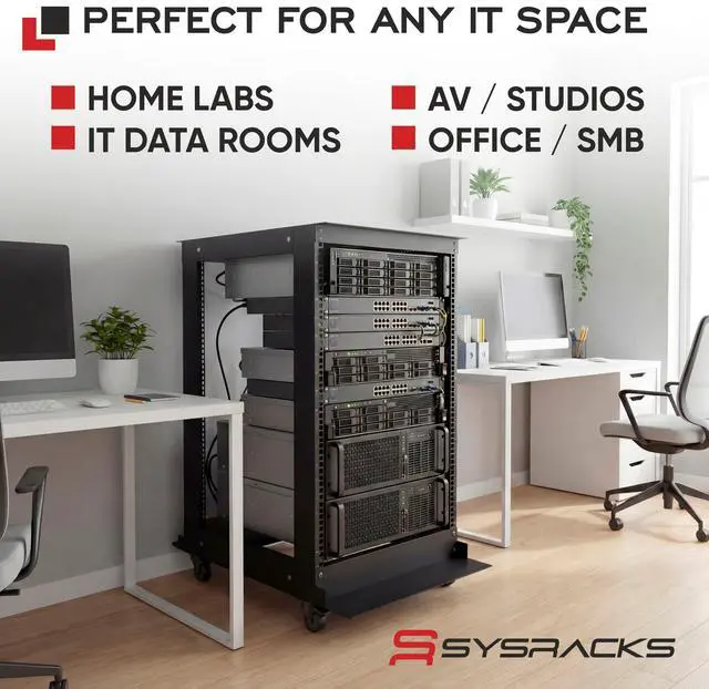 Alt view image 7 of 7 - Sysracks 18U 4-Post Open Frame Server Rack, Adjustable 24-Inch to 37-Inch Depth, for 19-Inch Equipment, Square Holes and Casters