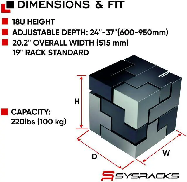 Alt view image 2 of 7 - Sysracks 18U 4-Post Open Frame Server Rack, Adjustable 24-Inch to 37-Inch Depth, for 19-Inch Equipment, Square Holes and Casters