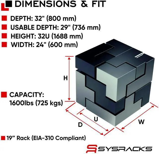 Alt view image 2 of 7 - Sysracks 32U Floor Standing Server Rack Cabinet, 32-Inch Deep, for 19-Inch EIA-310 Equipment, Mesh Doors, Fans and PDU