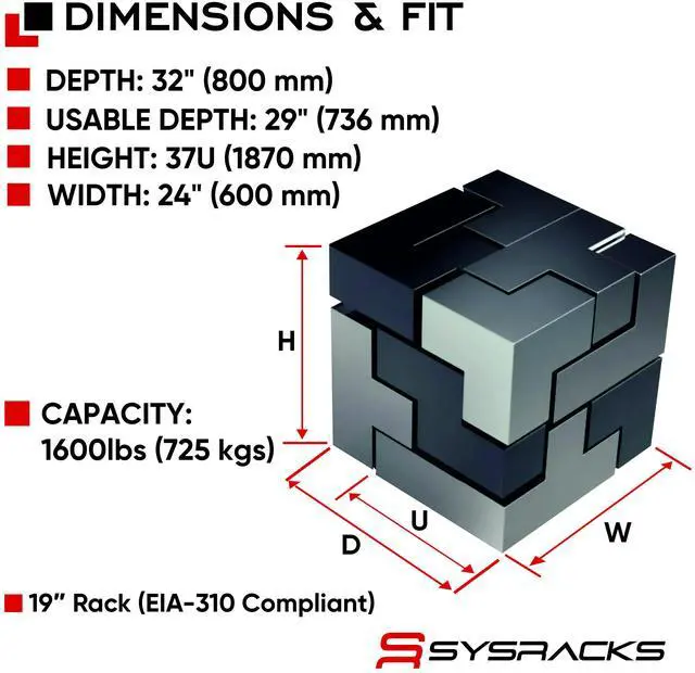 Alt view image 2 of 7 - Sysracks 37U Floor Standing Server Rack Cabinet, 32-Inch Deep, for 19-Inch EIA-310 Equipment, Mesh Doors, Fans and PDU