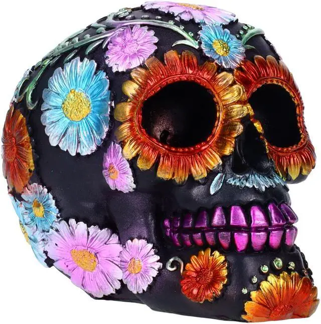 Alt view image 2 of 8 - Resin Sugar Skull Black Day of the Dead Skull 1 P754754D - Flower Halloween Decoration Gothic DOD Skeleton Head Dia de los Muertos - Floral Black
