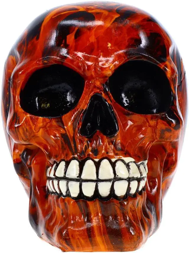 Main image of Resin Flame Skull Orange Day of the Dead Skull P754923 - Ghost Rider Halloween Decoration Gothic DOD Skeleton Head Dia de los Muertos - Orange