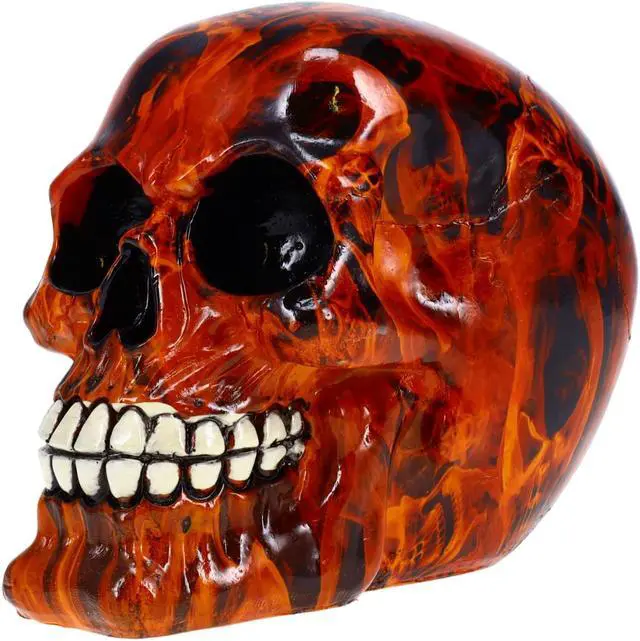 Alt view image 3 of 9 - Resin Flame Skull Orange Day of the Dead Skull P754923 - Ghost Rider Halloween Decoration Gothic DOD Skeleton Head Dia de los Muertos - Orange