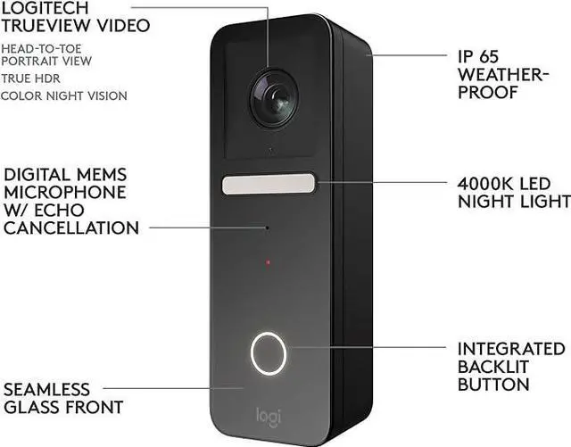 Alt view image 3 of 5 - Logitech Circle View Apple HomeKit Wired Doorbell TrueView VR0014 - Black