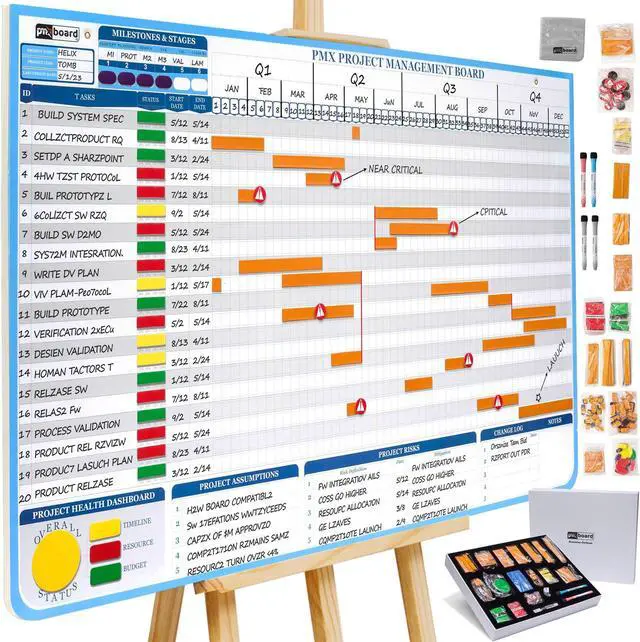 Main image of PMXBOARD Gantt Chart Whiteboard Set, 40" x 24" Magnetic Dry Erase Project Timeline Board Kit with 668 Magnetic Pieces, Easel, Markers, Eraser, Critical Path, Risk & Milestone Planning