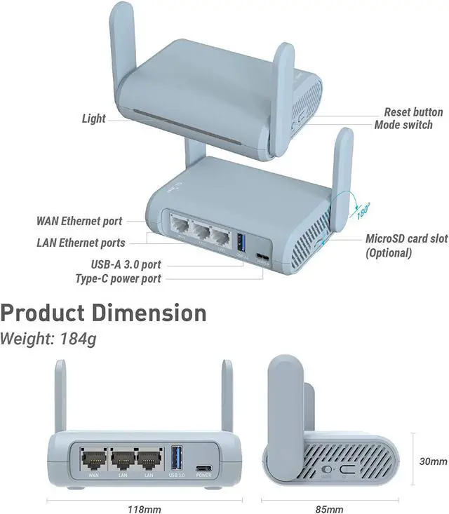 Alt view image 6 of 7 - GL.iNet GL-MT1300 (Beryl) VPN Secure Travel Gigabit Wireless Router, AC1300 400Mbps (2.4GHz) + 867Mbps (5GHz) Wi-Fi, Pocket-Sized Hotspot, IPv6, Tor, MicroSD Slot, USB3.0 for Wi-Fi Repeater
