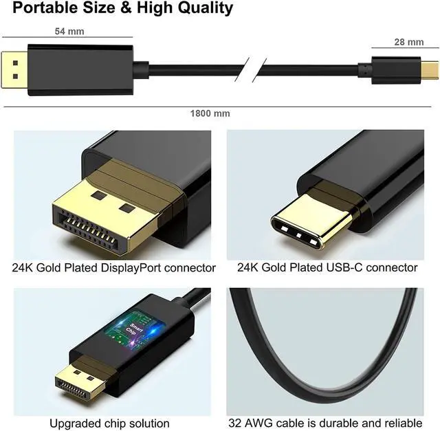 Alt view image 2 of 5 - USB C to DisplayPort 6 Feet Cable, USB Type-C to DP Adapter [Thunderbolt 3 Compatible] for MacBook Pro 2018/2017, MacBook Air/iPad Pro 2018, Samsung Galaxy S10/S9, Surface Book 2 and More