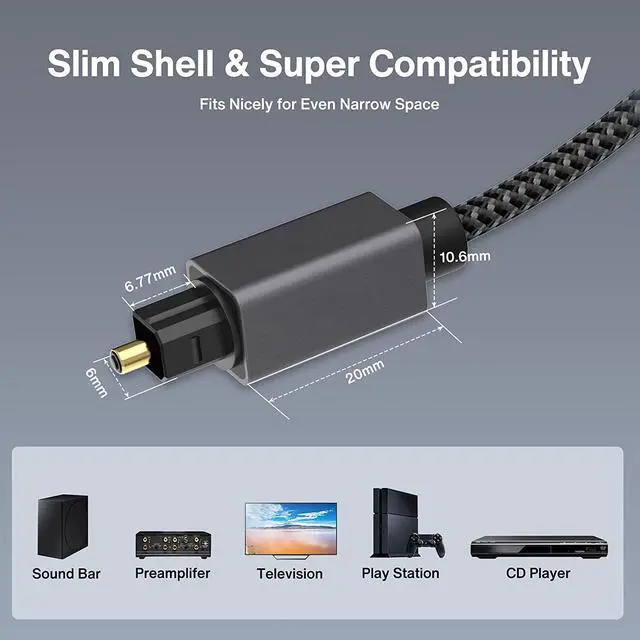 Alt view image 4 of 6 - Toslink cable, optical audio cable  3 feet short fiber optic cable for soundbars (Toslink to Toslink, digital S/PDIF cable, stereo systems/amplifiers/amps, home cinema, Xbox One/PS4)