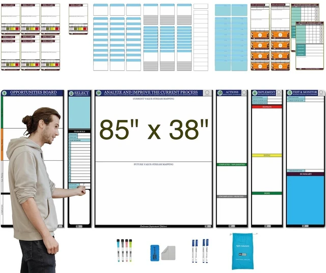 Main image of PMXBOARD Complete Kaizen Board Set, 6 Modular Magnetic Dry-Erase Boards, 135 Magnetic Cards and 10 Status Magnets, Lean Continuous Improvement, Value Stream Mapping & KPI Tracking Kit