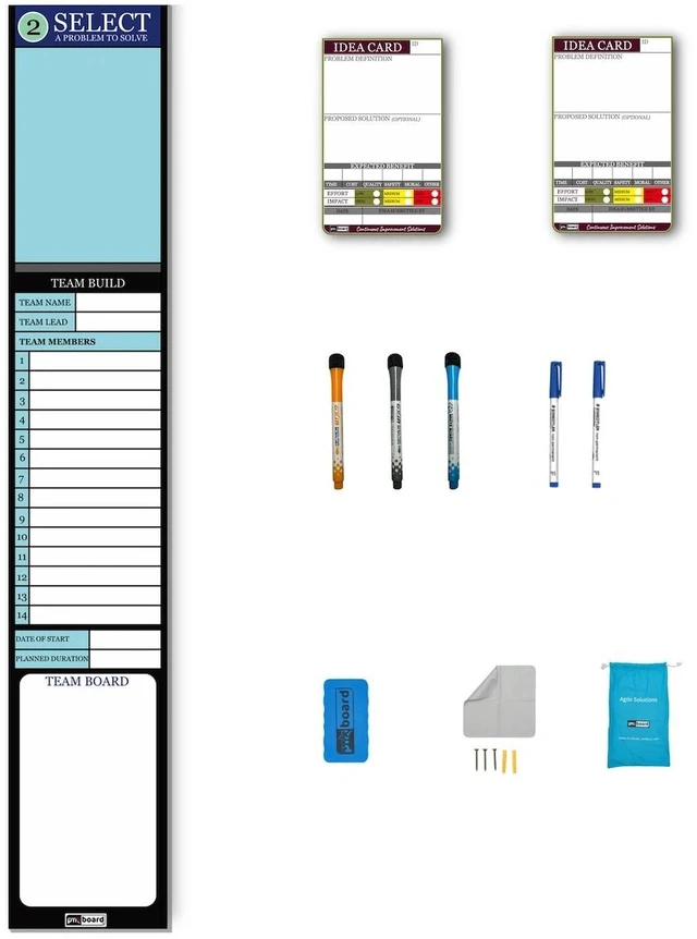 Main image of PMXBOARD Kaizen Select Board Set, 6.5 x 38 in Magnetic Dry-Erase Board for Kaizen Team and Event Planning, 2 Idea Cards, 5 Markers and Eraser