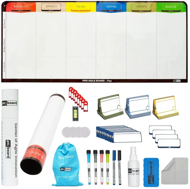 Alt view image 3 of 7 - PMXBOARD Magnetic Kanban Board Flex Set, 6 Column, 58.26 x 26.6 in Rollable Magnetic Dry-Erase Board with 106 Magnetic Cards (84 Task, 8 Detail, 8 Blocker, 6 Headline), Markers