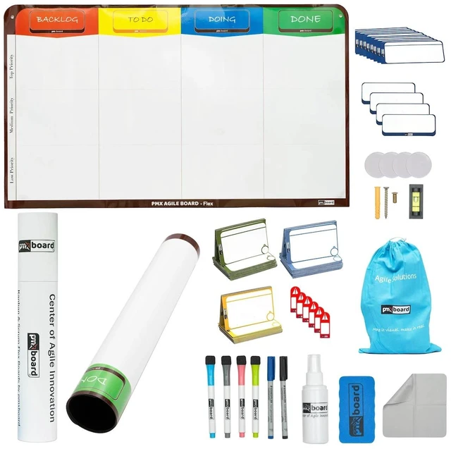 Alt view image 2 of 7 - PMXBOARD Magnetic Kanban Board Flex Set, 6 Column, 58.26 x 26.6 in Rollable Magnetic Dry-Erase Board with 106 Magnetic Cards (84 Task, 8 Detail, 8 Blocker, 6 Headline), Markers