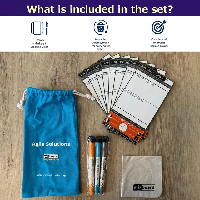 Alt view image 2 of 7 - PMXBOARD Kaizen Test and Monitor Magnetic Cards Set, 8 Reusable Magnetic KPI Cards for Baseline, Target and Actual Results, Markers and Cleaning Kit