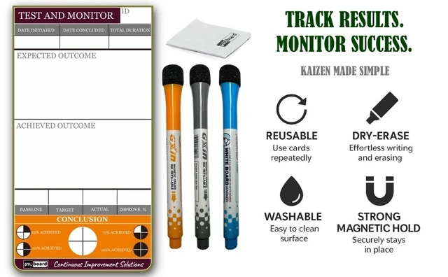 Alt view image 4 of 7 - PMXBOARD Kaizen Test and Monitor Magnetic Cards Set, 8 Reusable Magnetic KPI Cards for Baseline, Target and Actual Results, Markers and Cleaning Kit