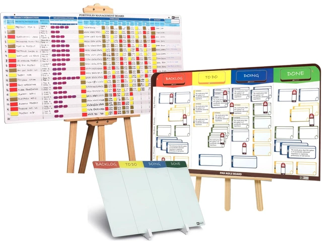 Main image of PMXBOARD 3-in-1 Project Management Board Set XXL, Portfolio Board, Agile Kanban Board and Double-Sided Desktop Kanban Board, 660+ Status Magnets, 84 Magnetic Cards, 2 Easels