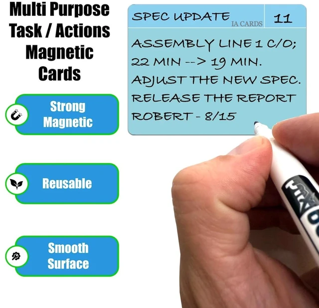 Alt view image 4 of 6 - PMXBOARD Kaizen Action Plan Magnetic Cards Set, 25 Reusable Dry-Erase Magnetic Task Cards, Approx. 2.2 x 3 in, Markers and Cleaning Cloth