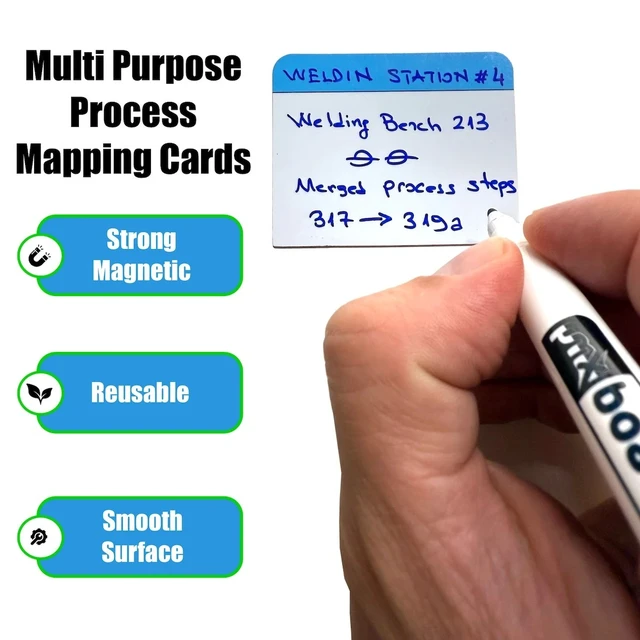 Alt view image 5 of 6 - PMXBOARD Value Stream Magnetic Cards Type 1, 25 Reusable Magnetic Process Step Cards with Headline Band, Markers and Cleaning Cloth, Kaizen VSM Tool