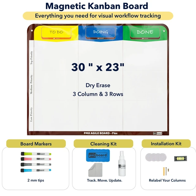 Alt view image 4 of 7 - PMXBOARD 6 Column Magnetic Kanban Board Flex, 58.26 x 26.6 in Thin Rollable Magnetic Dry-Erase Board Only, Markers, Cleaning Set and Mounting Kit