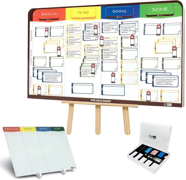 Main image of PMXBOARD 2-in-1 Kanban Board Set, 23 x 42 in Magnetic Agile Wall Board and 11 x 18 in Double-Sided Desktop Kanban Board, 84 Magnetic Cards, 24 Sticky Cards, Easel