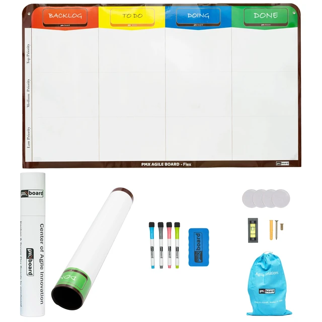 Alt view image 2 of 7 - PMXBOARD 4 Column Magnetic Kanban Board Flex, 39.3 x 23.1 in Thin Rollable Magnetic Dry-Erase Board Only, Markers, Cleaning Set and Mounting Kit