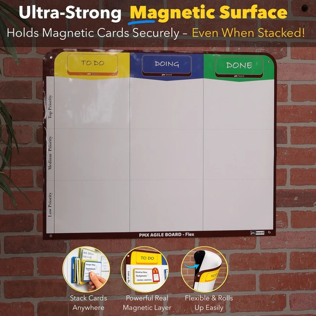 Alt view image 6 of 7 - PMXBOARD 4 Column Magnetic Kanban Board Flex, 39.3 x 23.1 in Thin Rollable Magnetic Dry-Erase Board Only, Markers, Cleaning Set and Mounting Kit