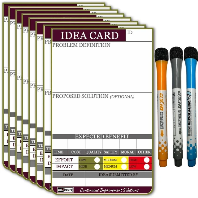 Main image of PMXBOARD Magnetic Idea Cards Set, 8 Reusable Kaizen Idea Cards with Problem and Solution Fields and Effort vs. Impact Chart, 3 Markers and Cleaning Cloth