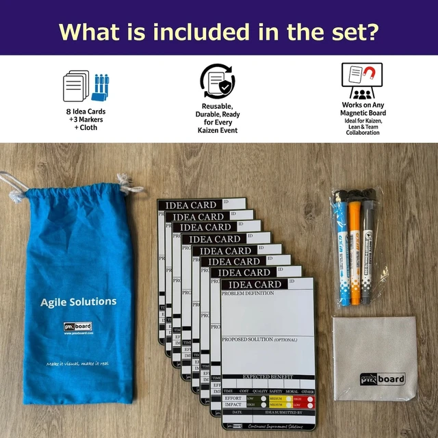 Alt view image 3 of 7 - PMXBOARD Magnetic Idea Cards Set, 8 Reusable Kaizen Idea Cards with Problem and Solution Fields and Effort vs. Impact Chart, 3 Markers and Cleaning Cloth