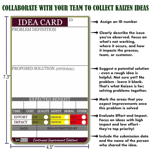 Alt view image 4 of 7 - PMXBOARD Magnetic Idea Cards Set, 8 Reusable Kaizen Idea Cards with Problem and Solution Fields and Effort vs. Impact Chart, 3 Markers and Cleaning Cloth