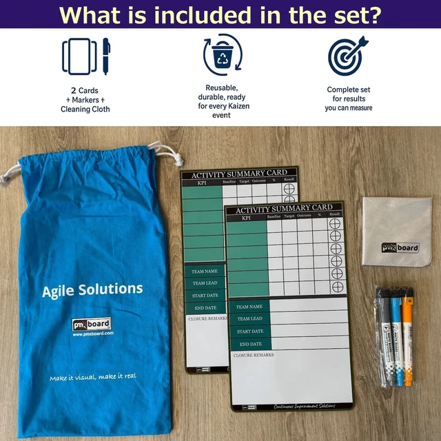 Alt view image 2 of 6 - PMXBOARD Kaizen Summary Magnetic Cards Set, 2 Reusable Magnetic Cards for Baseline, Target, Actual and Percent Improvement, Markers and Cleaning Cloth
