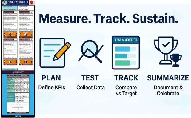 Alt view image 2 of 7 - PMXBOARD Kaizen Test and Monitor Board Set, 10.75 x 38 in Magnetic Dry-Erase Board, 8 KPI Cards, Summary Card, 5 Markers, Eraser and Cloth