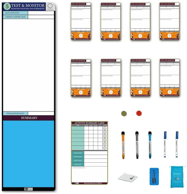 Main image of PMXBOARD Kaizen Test and Monitor Board Set, 10.75 x 38 in Magnetic Dry-Erase Board, 8 KPI Cards, Summary Card, 5 Markers, Eraser and Cloth
