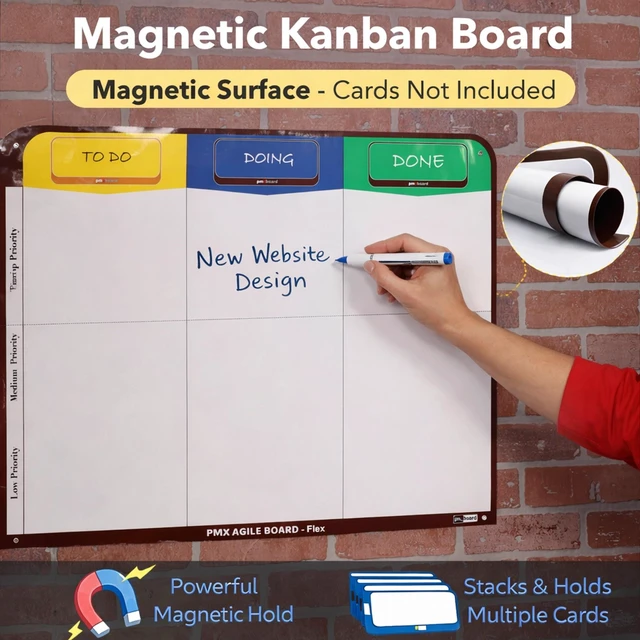 Alt view image 5 of 7 - PMXBOARD 3 Column Magnetic Kanban Board Flex, 29.5 x 23.1 in Thin Rollable Magnetic Dry-Erase Board Only, Markers, Cleaning Set and Mounting Kit