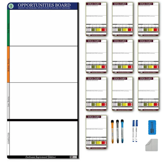 Main image of PMXBOARD Kaizen Opportunities Board Set, 17.3 x 38 in Magnetic Dry-Erase Board, 10 Idea Cards, Markers, Eraser and Cloth