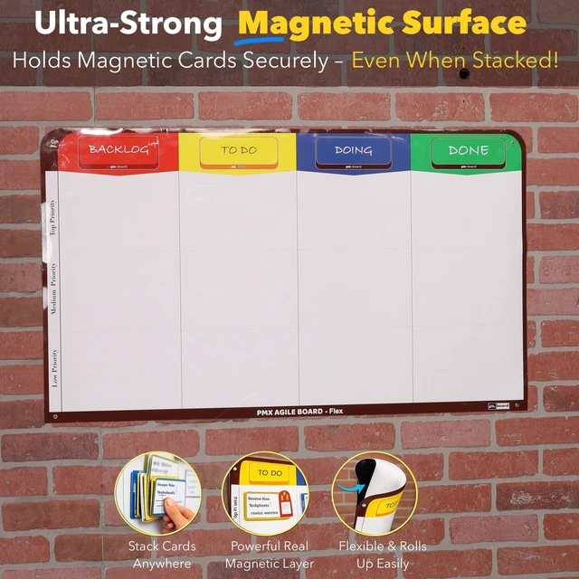 Alt view image 7 of 7 - PMXBOARD 3 Column Magnetic Kanban Board Flex, 29.5 x 23.1 in Thin Rollable Magnetic Dry-Erase Board Only, Markers, Cleaning Set and Mounting Kit