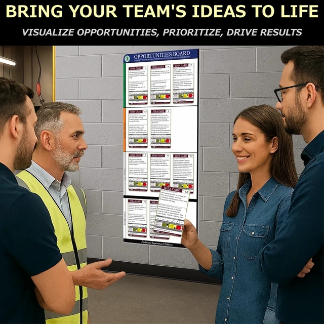 Alt view image 2 of 7 - PMXBOARD Kaizen Opportunities Board Set, 17.3 x 38 in Magnetic Dry-Erase Board, 10 Idea Cards, Markers, Eraser and Cloth