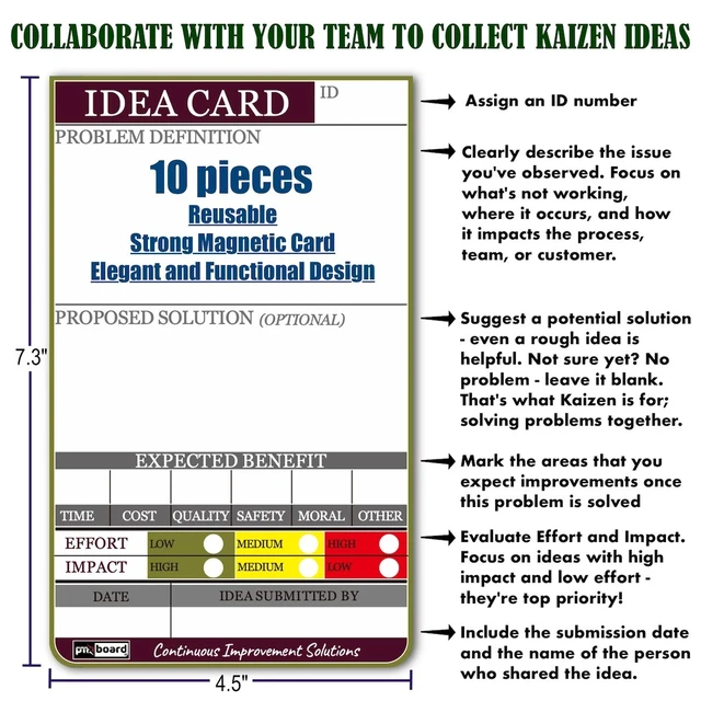 Alt view image 7 of 7 - PMXBOARD Kaizen Opportunities Board Set, 17.3 x 38 in Magnetic Dry-Erase Board, 10 Idea Cards, Markers, Eraser and Cloth