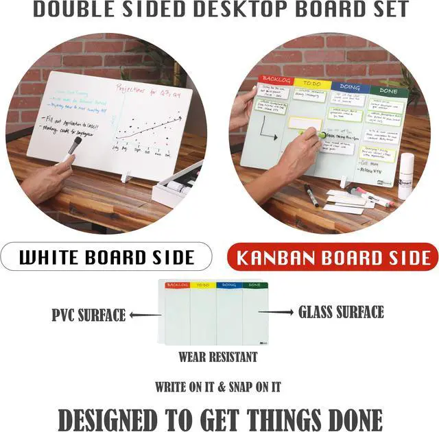 Alt view image 2 of 7 - PMXBOARD Desktop Kanban Board & Whiteboard, Double-Sided 18" x 11" Glass Dry Erase Board with Stand, 24 Reusable Magnetic Task Cards, 6 Markers, Agile Scrum Project Management Desk Planner