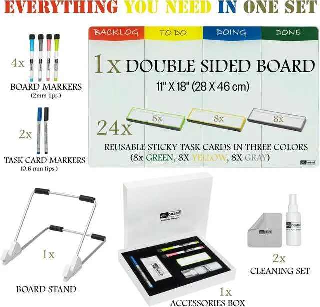 Alt view image 4 of 7 - PMXBOARD Desktop Kanban Board & Whiteboard, Double-Sided 18" x 11" Glass Dry Erase Board with Stand, 24 Reusable Magnetic Task Cards, 6 Markers, Agile Scrum Project Management Desk Planner