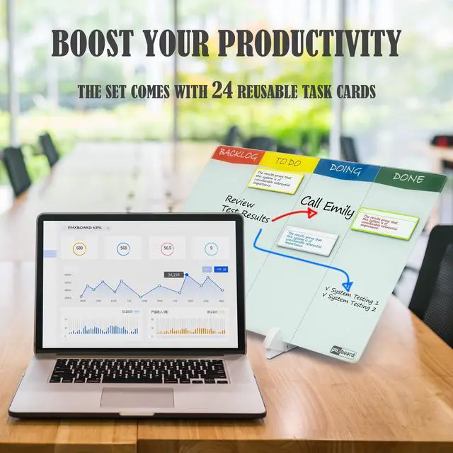 Alt view image 5 of 7 - PMXBOARD Desktop Kanban Board & Whiteboard, Double-Sided 18" x 11" Glass Dry Erase Board with Stand, 24 Reusable Magnetic Task Cards, 6 Markers, Agile Scrum Project Management Desk Planner