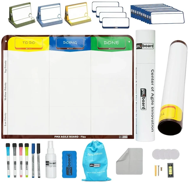 Main image of PMXBOARD 3 Column Magnetic Kanban Board Flex Set, 29.5" x 23.1" Rollable Magnetic Dry Erase Agile Scrum Board with 47 Magnetic Cards, Card Markers, Board Markers & Mounting