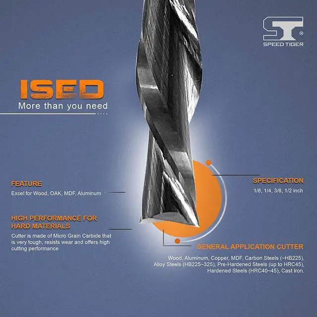 Alt view image 3 of 7 - SPEED TIGER ISED Carbide Spiral Router Bits Down Cut, 3/8 Diameter, 1 Cutting Length, 2-1/2"OVL for Wood/Oak/MDF/Aluminum -Made in Taiwan(1 Piece, 3/8")