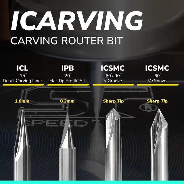 Alt view image 3 of 7 - SPEED TIGER ICARVE Carving Router Bit Set - 4 Piece - 60 & 90 Degree V Groove, 15° Detail Carving Liner, 20° Flat Tip Profile Bit - Made in Taiwan